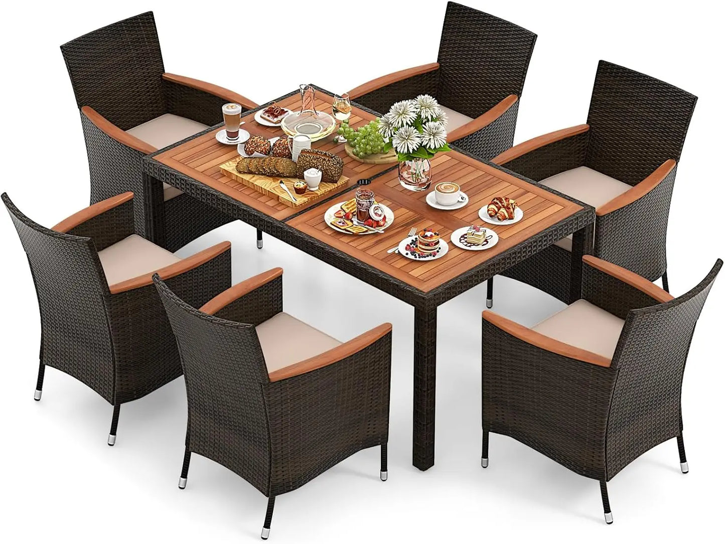 7 Pieces Outdoor Wicker Dining Set, Patio Dining Set with Acacia Wood Table and 6 Stackable Chairs, Outdoor Table and Chairs Set