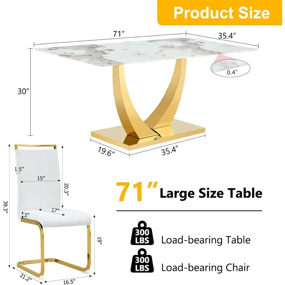 71” Dining Table Set for 8,Dining Room Table Set for 8, Gold Kitchen Table and 8 PU Leather Chairs,Tempered Glass Tables Set