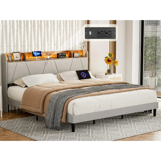 California King Bed Frames with Charging Station & Storage Shelf Headboard with USB Ports Upholstered Cal King LED Bed Frame