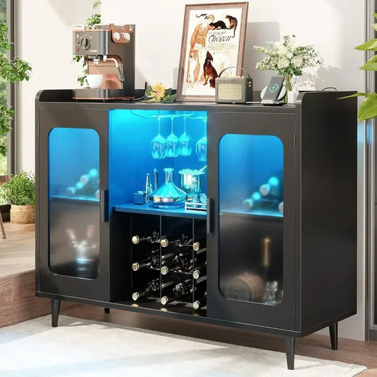 Wine Bar Cabinet with Power Outlet, Liquor Cabinet Bar with LED Light and Glass Holder, Home Coffee Bar Cabinet