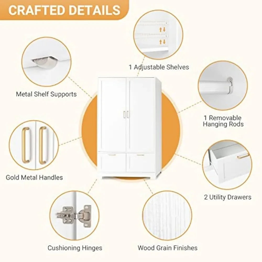 White Armoire Wardrobe Closet with Adjustable Shelves and Drawers,60" Freestanding Closet Wardrobe Cabinet,Suitable for bedrooms