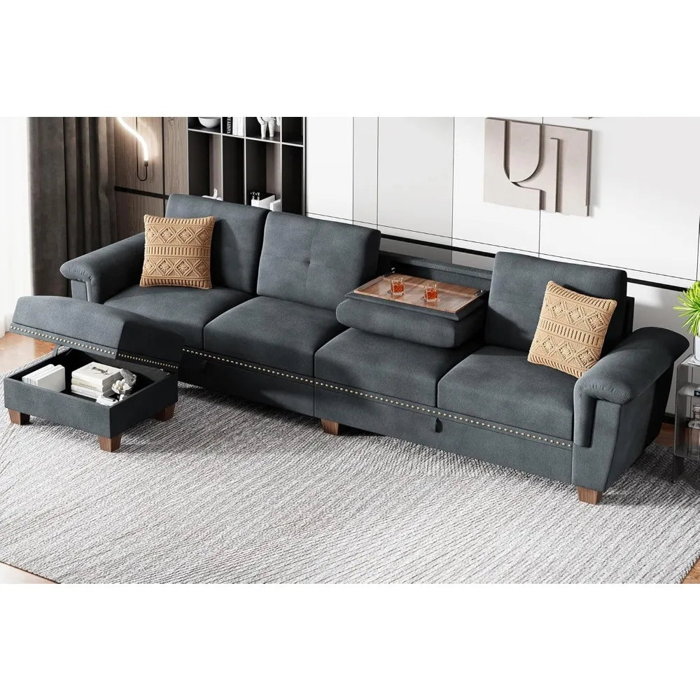 Living Room L Shaped Couch, Couch with Ottoman, Living Room Furniture Sets with Cup Holders, 4-Seat Convertible Sectional Sofa