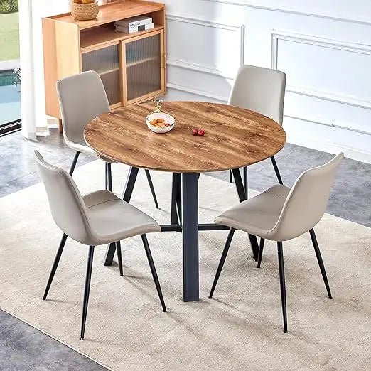 Round Dining Table Set,Modern Kitchen Dinings Tables andChairs Set for4,Upholstered PU Leather Chairs,Wood Dining Furniture Sets