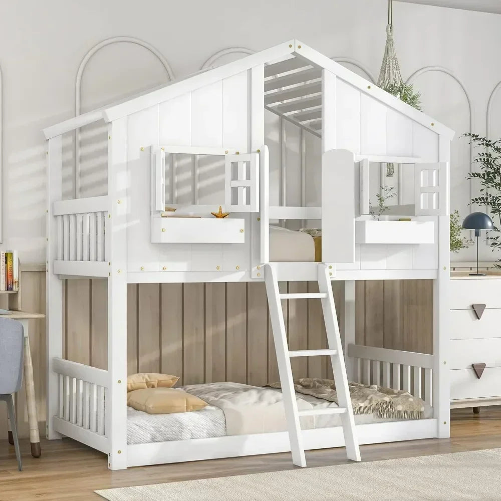 Twin Kids Bunk Bed  Twin Wood Frame with Roof,Window, Window Box, Door, Safety Guardrails and Ladder Sturdy & Security Bunk Bed