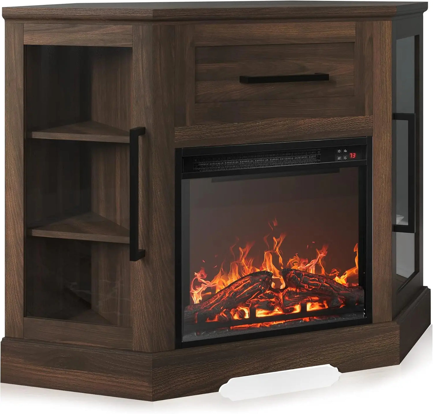 TV Stand with 18" Electric Fireplace Heater for TVs up to 43", Corner Wood Entertainment Center with Glass Door Storage Cabinets