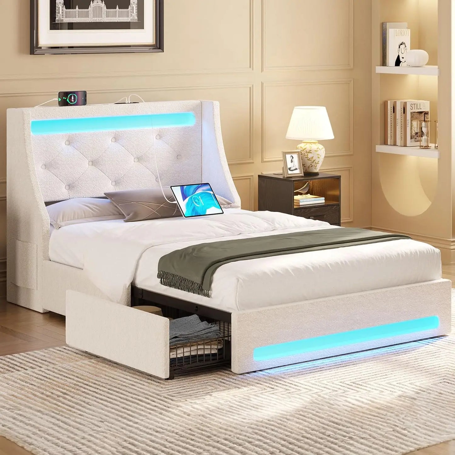 Bed Frame with LED Lights and Charging Station, PU Leather Bed with Drawers, Wooden Slats, Noise Free, Easy Assembly, Bed Frame