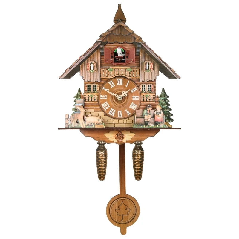 Wooden Wall Clock Cuckoo Antique Pendulum Hanging Handcraft Swing Alarm Watch Home Restaurant Bedroom Decoration