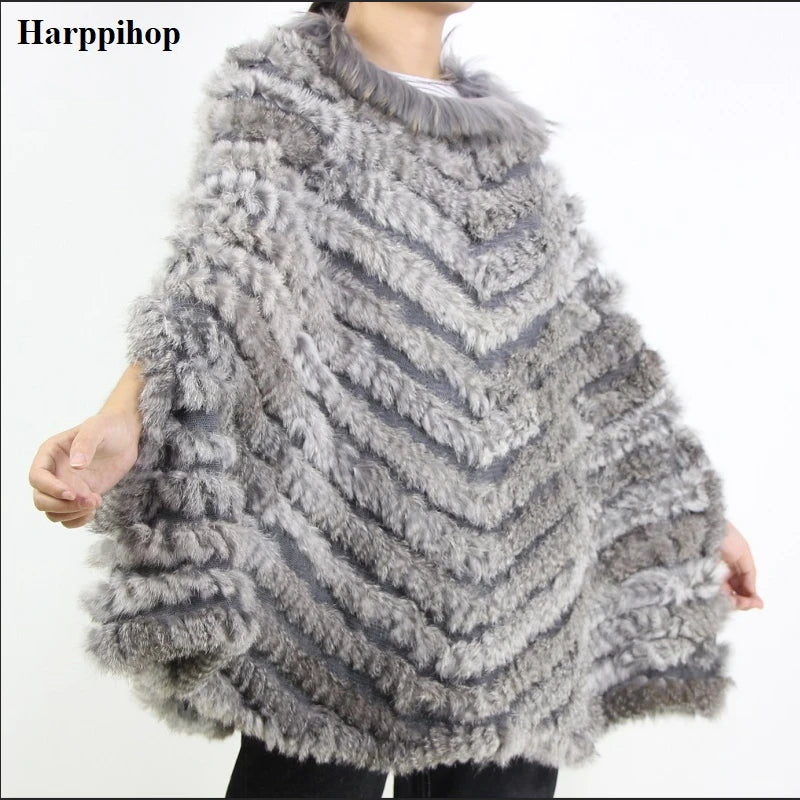 Women's Luxury Pullover Knitted Genuine Rabbit Fur Raccoon Fur Poncho Cape Real Fur Knitting Wraps Shawl Triangle Coat 2018 hot