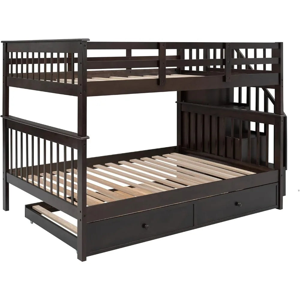 Bunk Bed ,with Stairs and Trundle,with Storage, for Kids Teens Adults ,Wooden Bunk Bed Frame