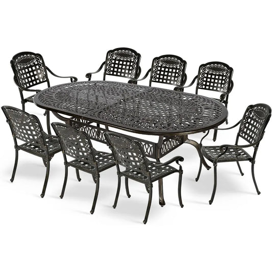 9-Piece Outdoor Furniture Dining Set,with 8 Chairs,1 Oval Table, 2" Umbrella Hole, All Weather Cast Aluminum Patio Garden Set