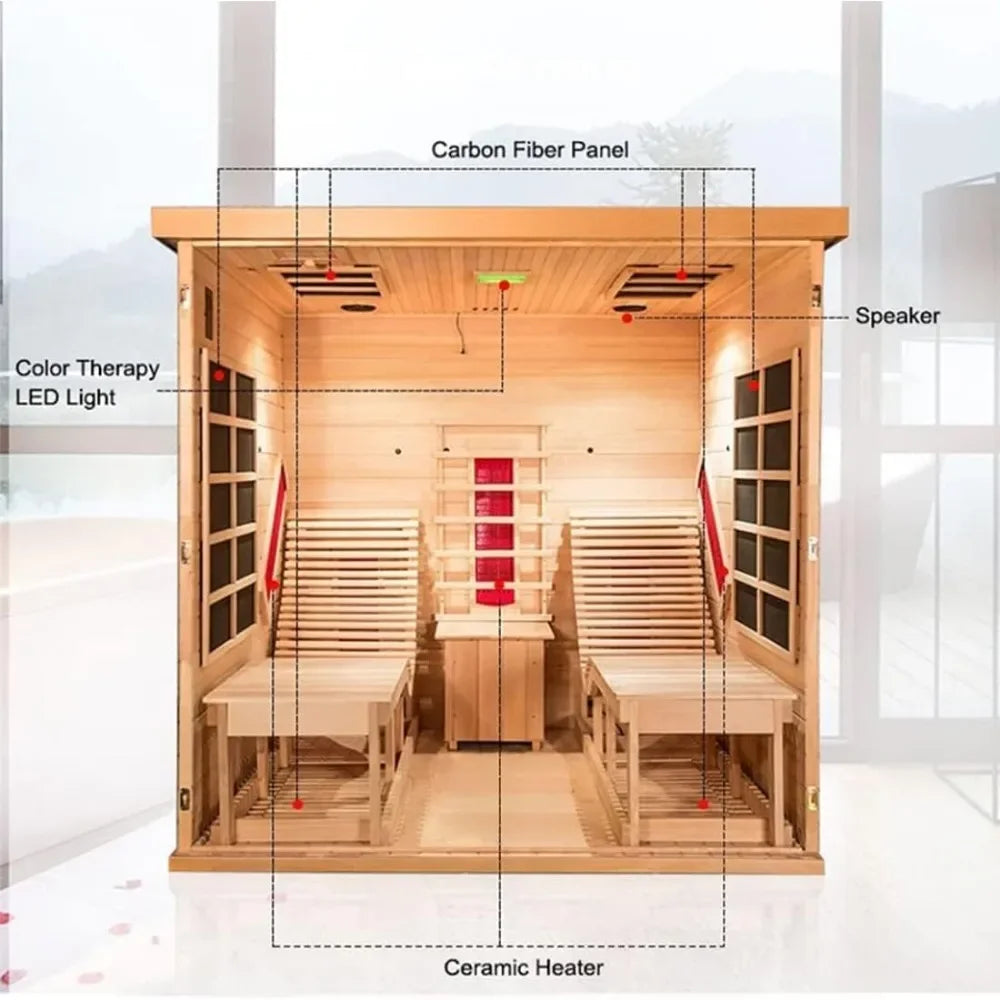 Wooden Sauna Room, Luxurious Red Cedar Sauna with Recliner, 3400W Dry Heat Sauna for Home, 9 Heating Panels, Bluetooth Speaker