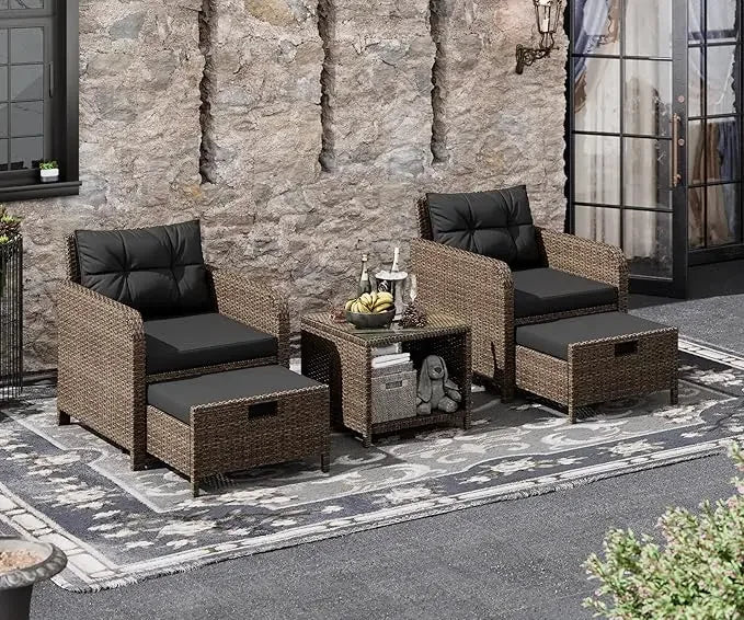 Garden Furniture Set 5 Piece, Wicker Rattan Lounge Chairs with Soft Cushions 2 Ottoman&Glass Table, Patio Conversation Set