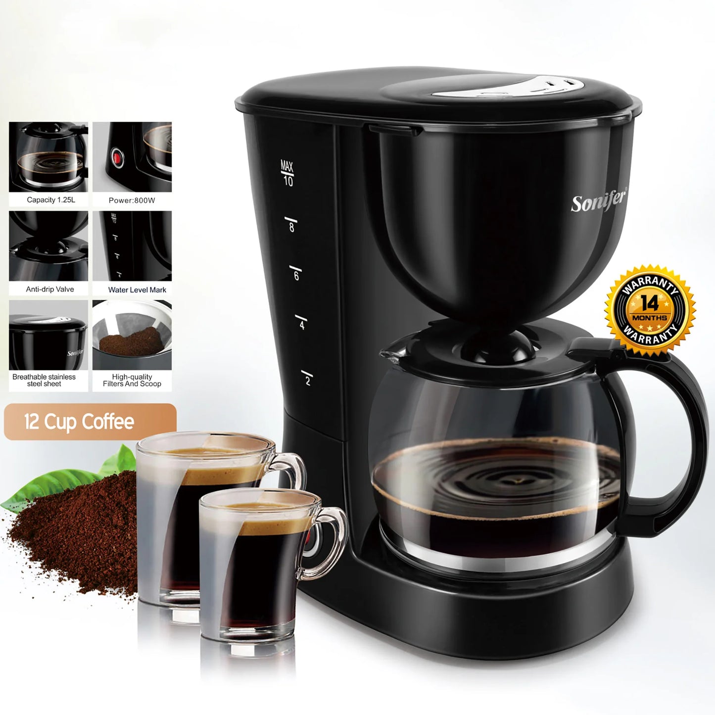 1.25L Electric Drip Coffee Maker 800W Household Coffee Machine 6 Cup Tea Coffee Pot Milk Coffee Maker for Gift 220V Sonifer