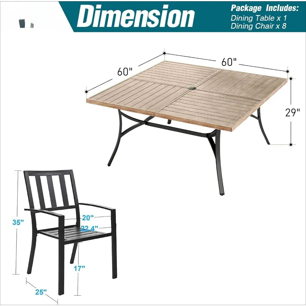 9 Pieces Outdoor Dining Set, Wood-Like Large Square Metal Steel Dinings Table& Stackable Iron Chairs,Patio Dining Furniture Sets