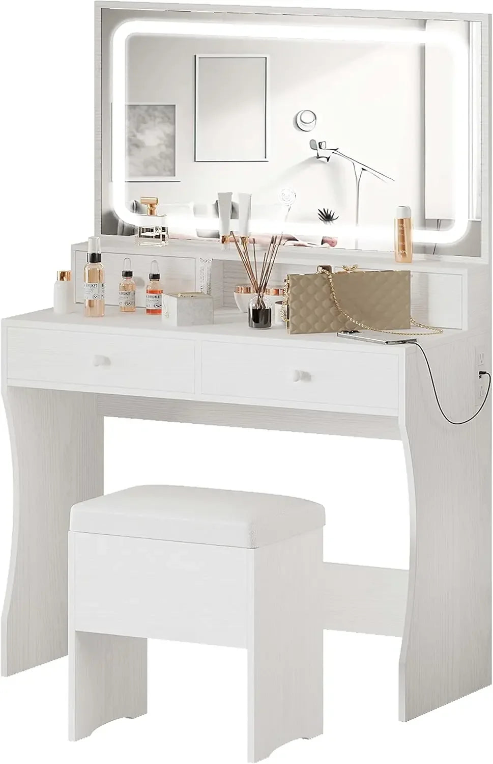 Vanity Desk Set with LED Lighted Mirror & Power Outlet, Makeup Vanity Table with 4 Drawers,Storage Bench,for Bedroom, Bathroom