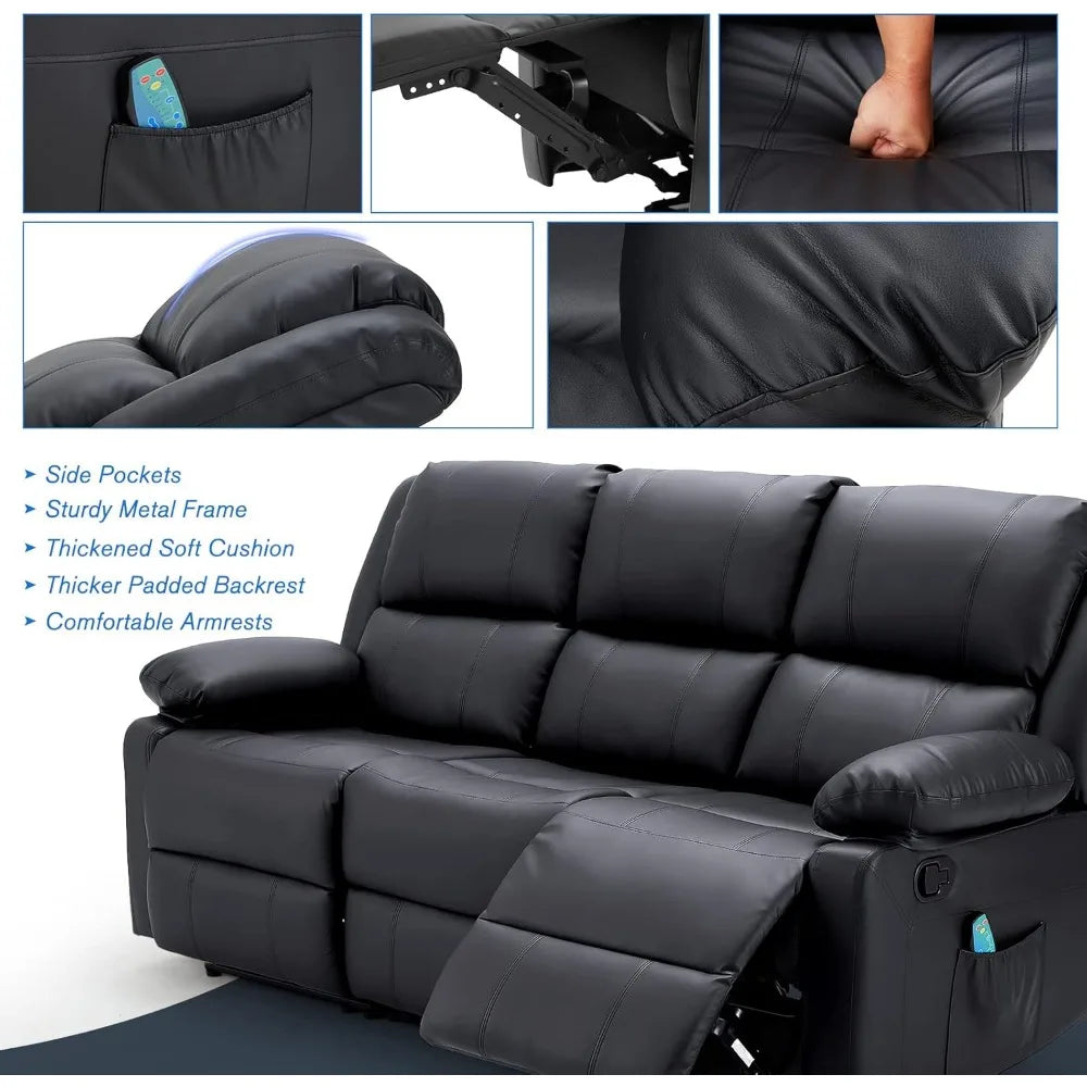 Reclining Sofa with Massage&Heat Function, Wall Hunger Recliner Couch 3-Seat Manual Faux Leather RV Sofa Couch, Home Theater