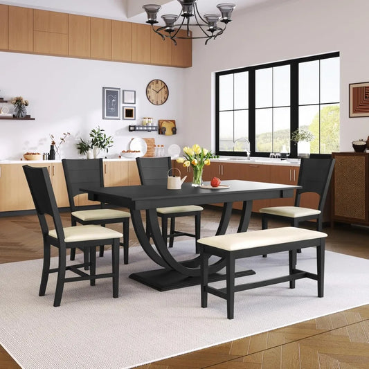 6 Piece Dining Table Set, with Long Bench and 4 Upholstered Dining Chairs, Modern Wooden Half Round Kitchen Table Set