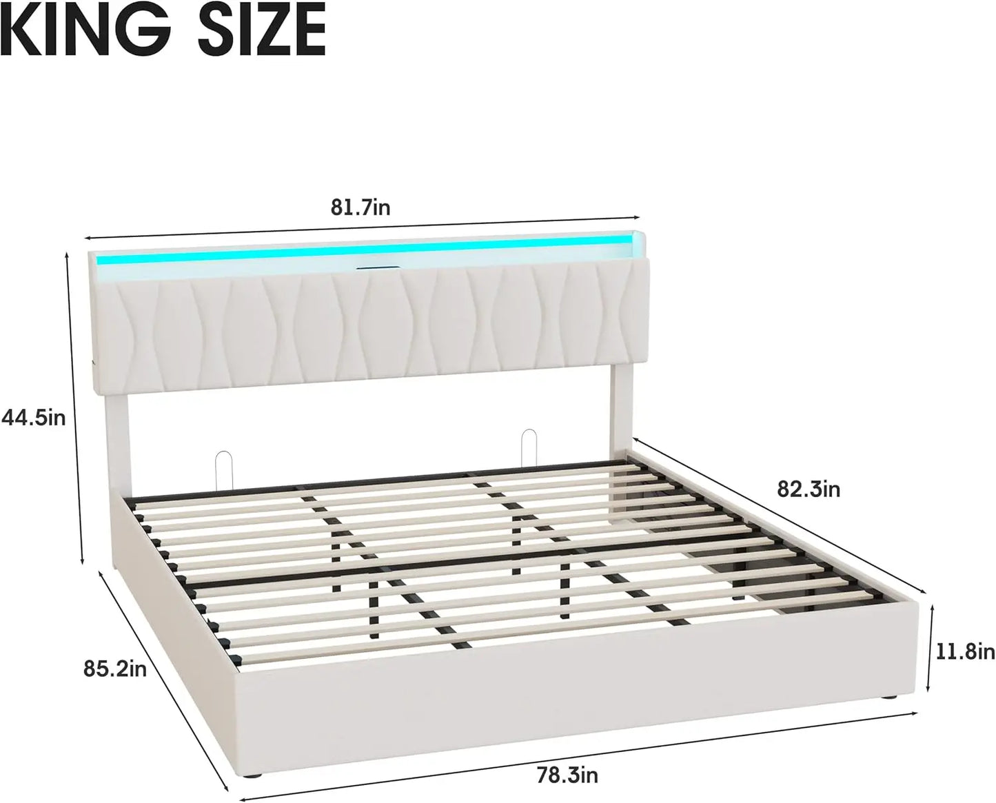 King Size Storage Bed Frame Height Adjustable Storage Headboard with Charging Station LED Lights Upholstered Platform Bed