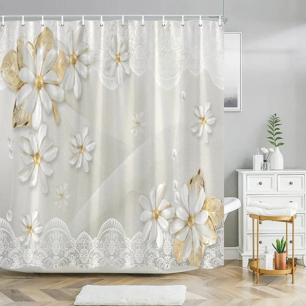 Elegant Bouquet of Fantastic White Flowers 3D Style Shower Curtain Bathroom Curtain with Bath Rug Carpet Set Floral Home Decor