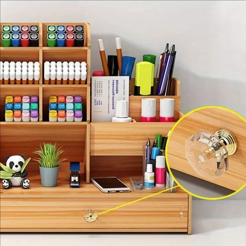 Wooden Desk Organizer With Drawers Pen Holder Multi-Functional Organizers Stationery Office Storage Accessories School Supplies