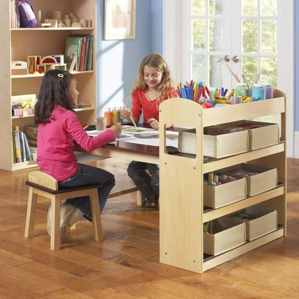 Deluxe Art Center: Kids Arts and Crafts Table and Chairs Set with Storage Shelves, Canvas Bins, Paper Roll, for Drawing,Coloring