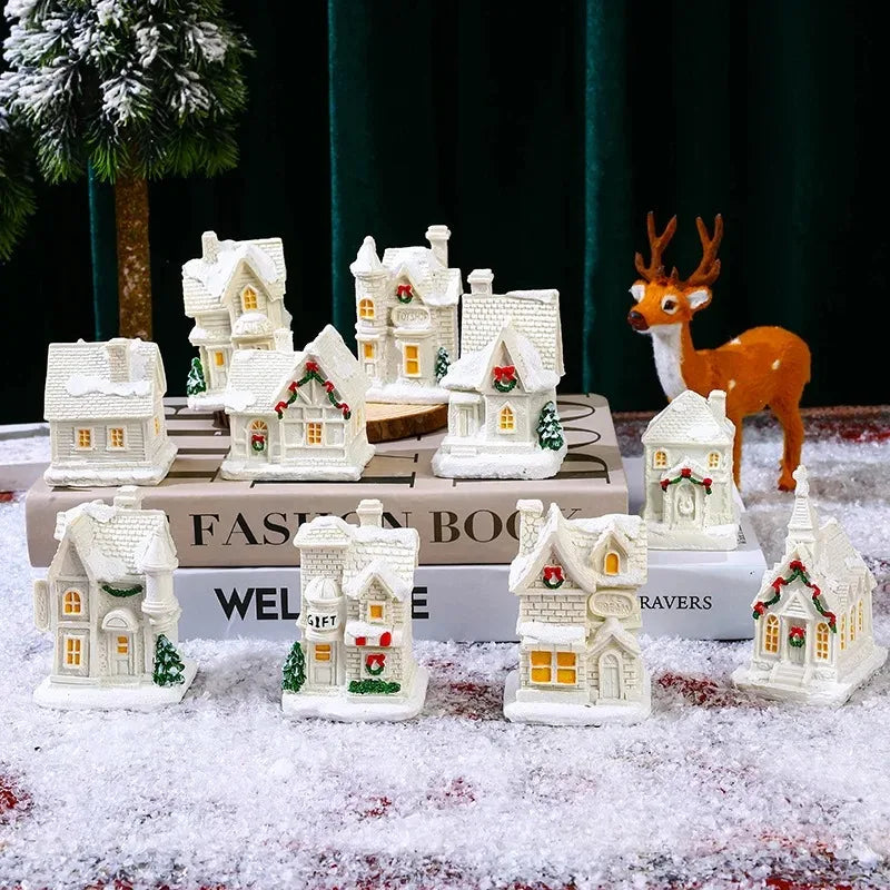 LED Lights Village Houses Christmas Decorations, Resin Miniature, Xmas Scene Ornaments, Festive Party, Desktop Decor, Gift