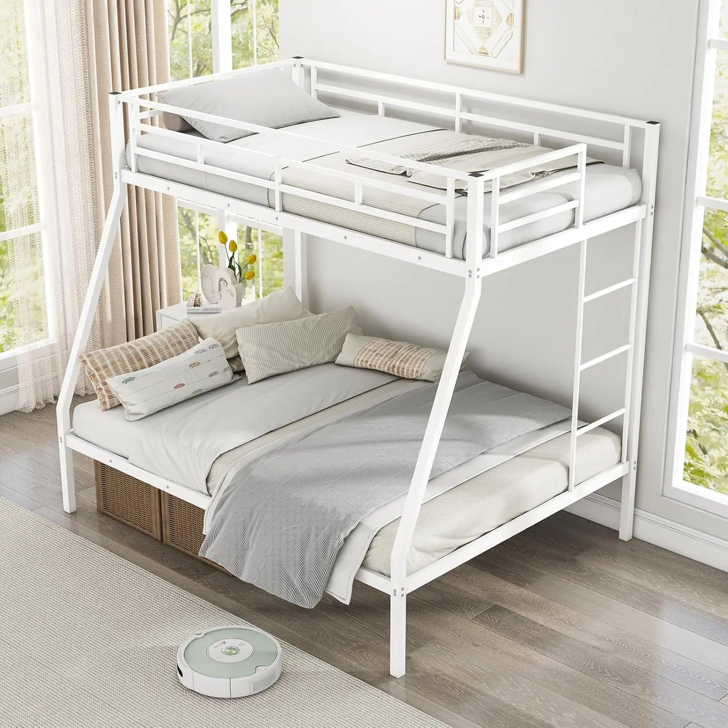 Bunk Bed with Trundle, Heavy-Duty Metal Bunk Bed Frame with Guardrail & 2 Ladders, Space-Saving Bunk Bed for Kids/Teens/Adults