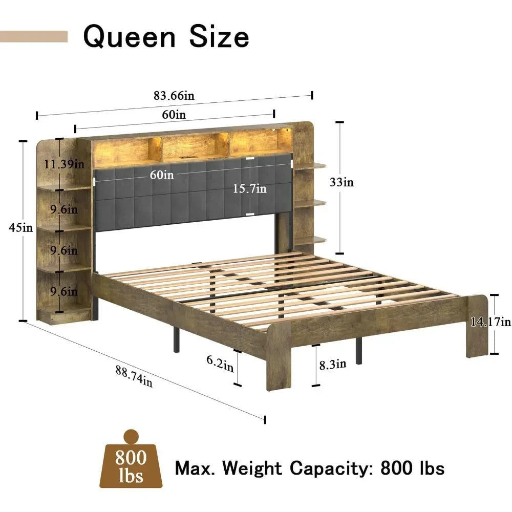 Queen Size Platform Bed Frame with Storage, Dark Gray Linen Headboard,LED Lights and Charging Station Suitable for bedrooms