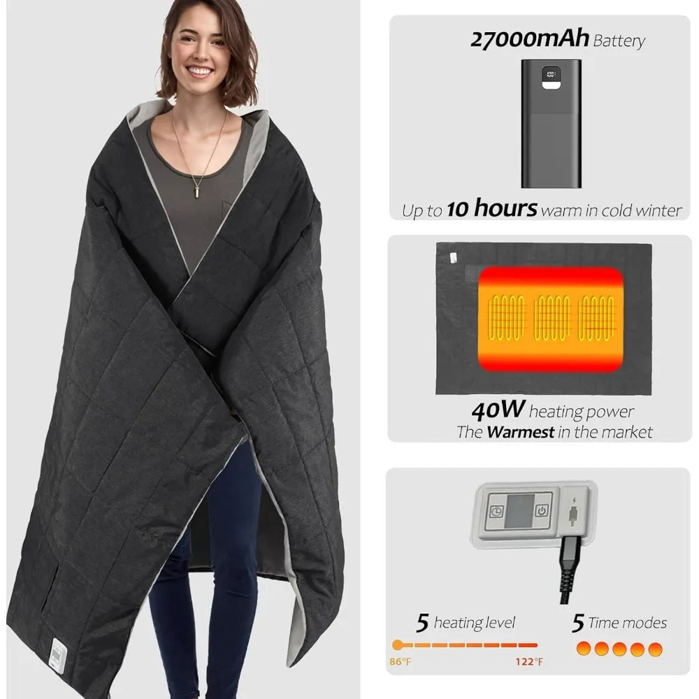 Portable Heated Blanket Battery Operated, 60" x 40"  Battery Heated Blanket for Outdoors and Camping, 40W 27000mAh Heating Blank