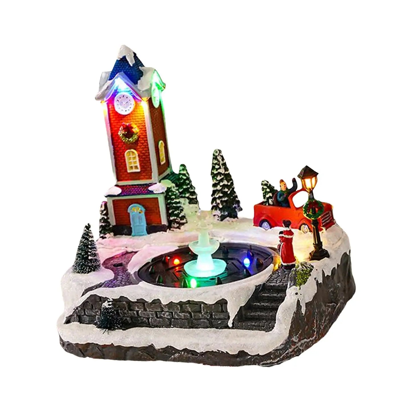 Christmas Church Winter Snow Scene Village House Music Fountain Collectible Buildings Statue for Indoor Festival Desktop Decor