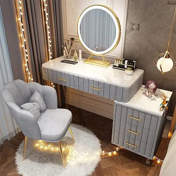 Vanity Desk, with 5 Storage Drawers, Stool and Organizers, Dressing Table with 3 Color Lighting Options, Vanity Desk Set