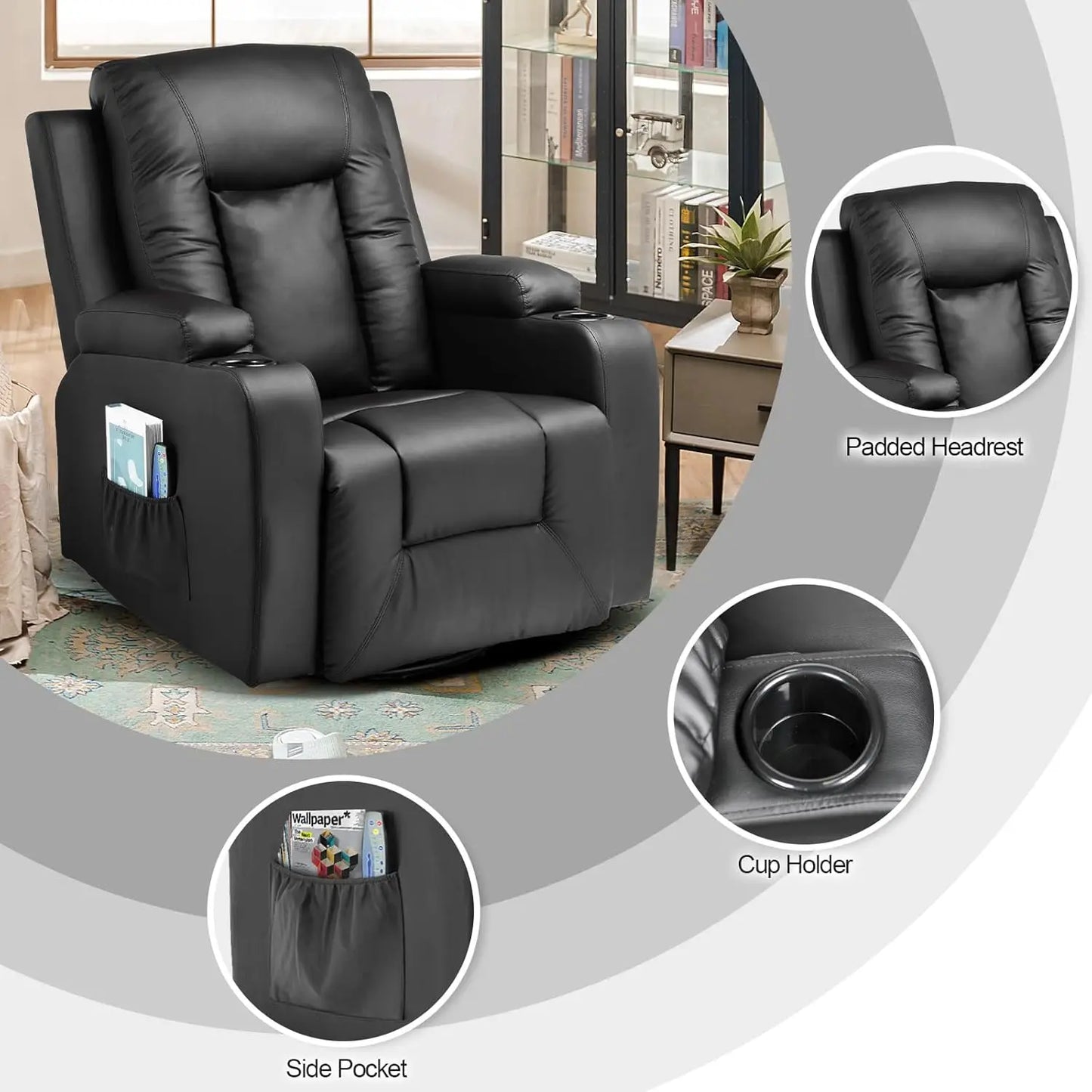 PU Rocking Chair for Adults, Swivel Recliner with Cup Holders, Heat and Massage, Single Sofa Seat with Side Pockets