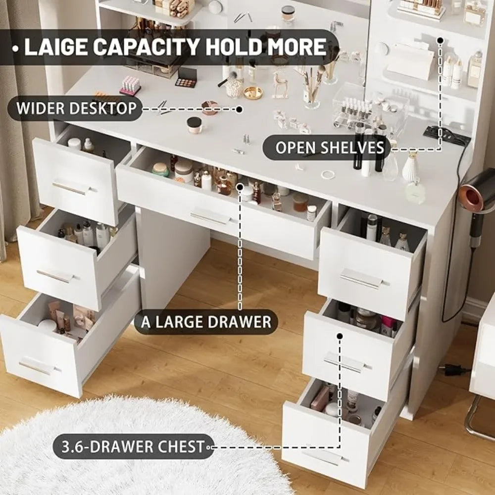 Vanity Desk with Mirror, LED Lights and Power Outlet Makeup Vanity Table with 7 Drawers and 6 Storage Shelves Dressing Table