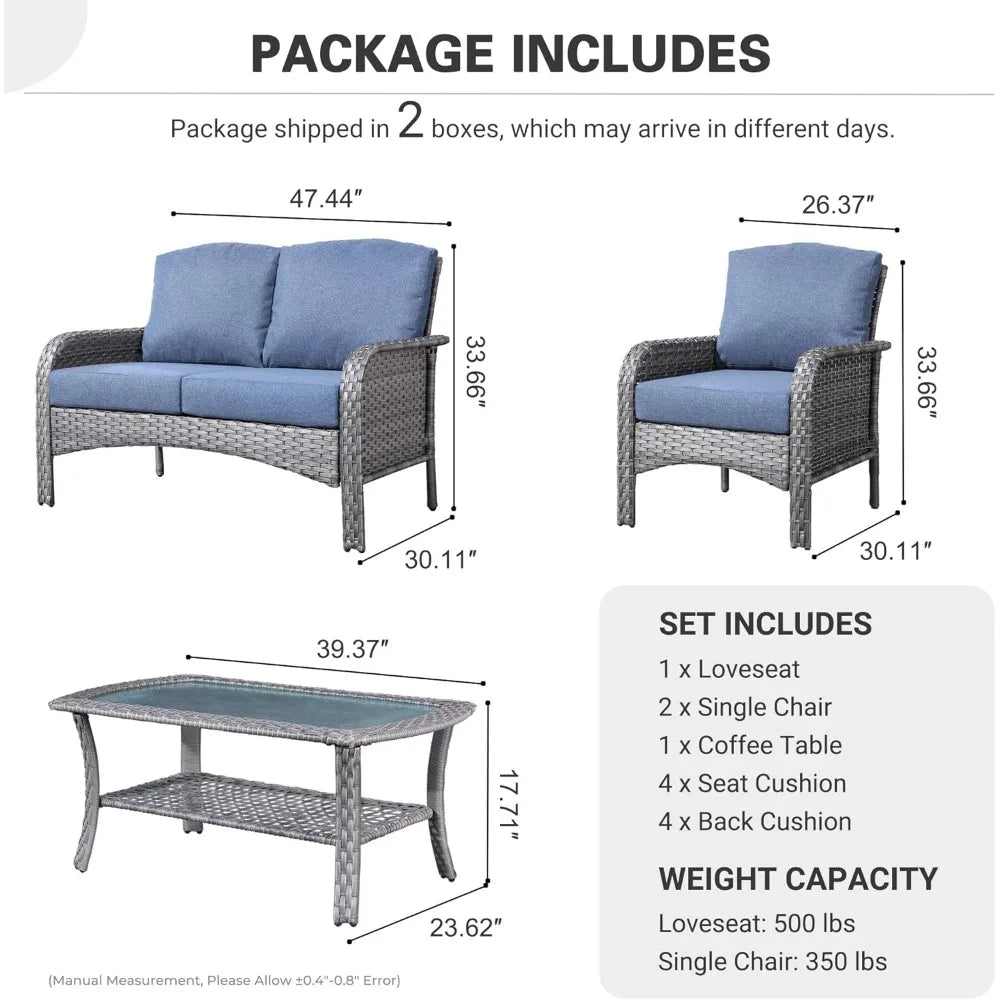 4 Pieces Patio Furniture Set, with Coffee Table, Chairs, All Weather High Back Rattan Loveseat Couch,Outdoor Wicker Sofa