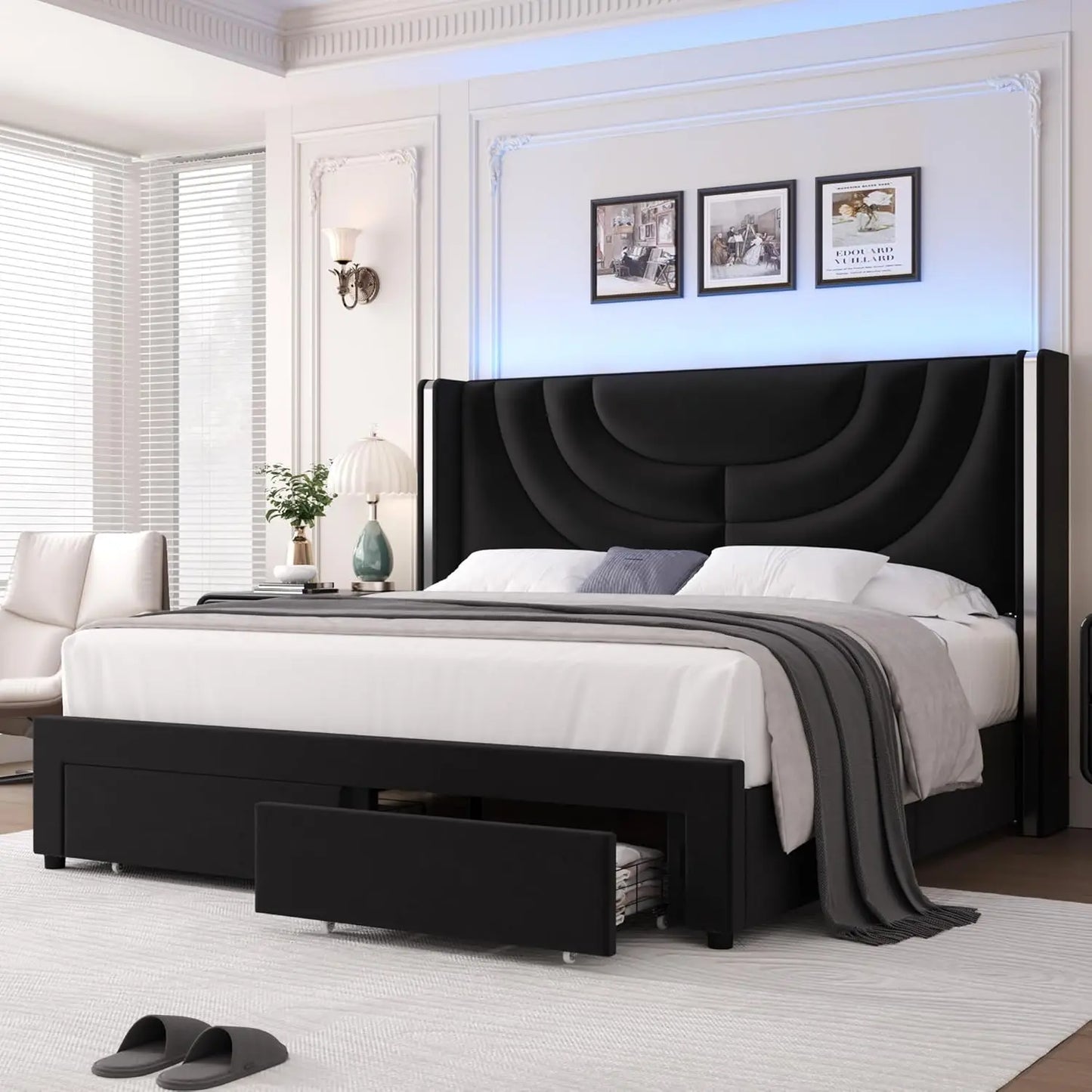 Upholstered LED Bed Frame with 2 Storage Drawers, Velvet Platform Bed with Wingback Headboard, Solid Wooden Slats Support