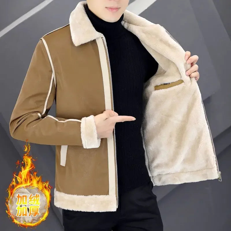 2023 suede leather PU Men Winter Jackets and Coats Thickening Wool Windbreak Waterproof Warm Skin Lamb Fur Trench Coat Plus