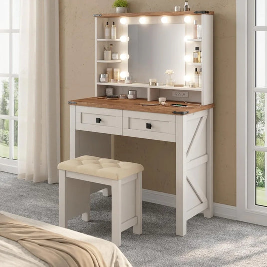 Vanity Desk with Mirror and Lights 31.5" W Farmhouse Makeup Vanity Desk with Charging Station, Stool Not Included, Vanity Table