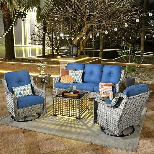 5 Piece Outdoor Patio Furniture, with 3 Seat Sofa,Rattan Wicker Coversation Se,Balcony Sofa  Set,Garden Furniture Sets