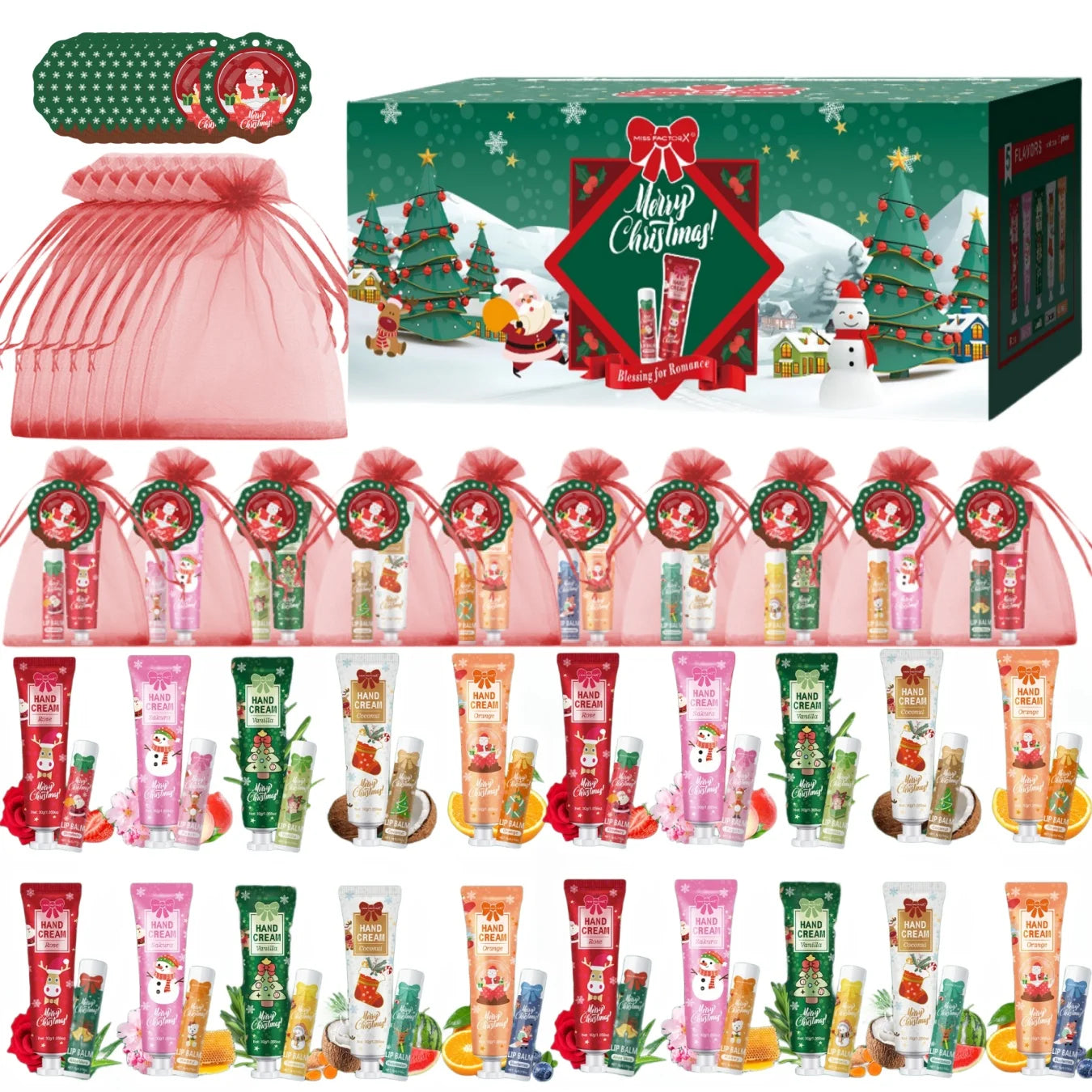 Christmas gift set distribution 120PCS/box in bulk, lip balm in bulk, hand cream in bulk, Christmas cards, gift gauze bags