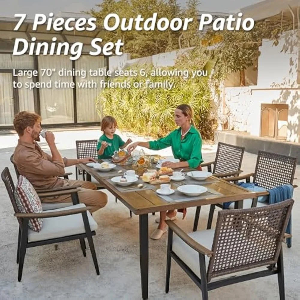 7Piece Patio Dining Table Sets,6 Rattan Wicker Chairs and 70” Large Dining Table with 1.65'' Umbrella Hole,Outdoor Furniture Set