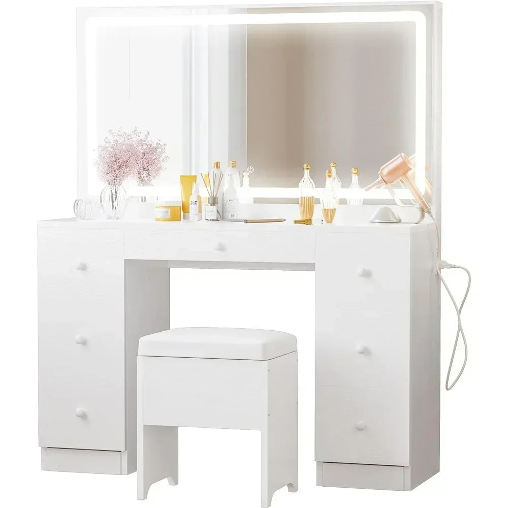 Vanity Desk Set with LED Lighted Mirror & Power Outlet, Makeup Vanities Dressing Table  for Bedroom with Stool 7 Drawers