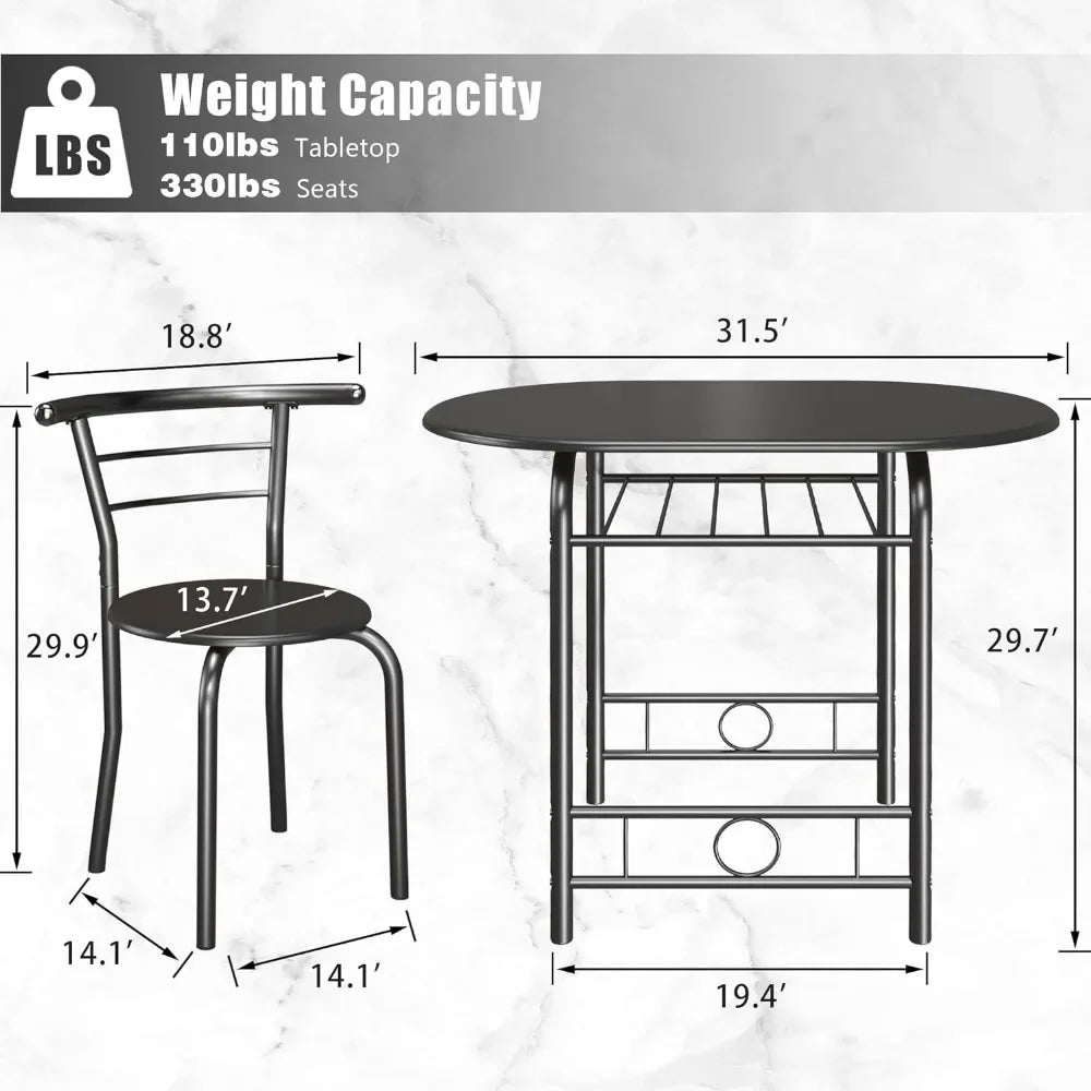 3Piece Wooden Round Table and Chair Set Kitchen Breakfast Corner with Metal Frame and Built-in Wine Rack for Kitchen Dining Room