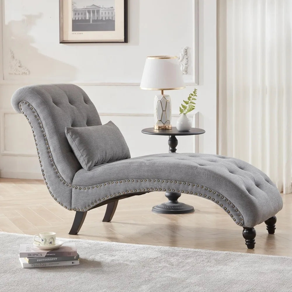 Tufted Soft Chaise Lounge Chair for Bedroom, Linen Rivets Chaise Lounge Indoor, Armless Upholstered Chaise Couch Chair