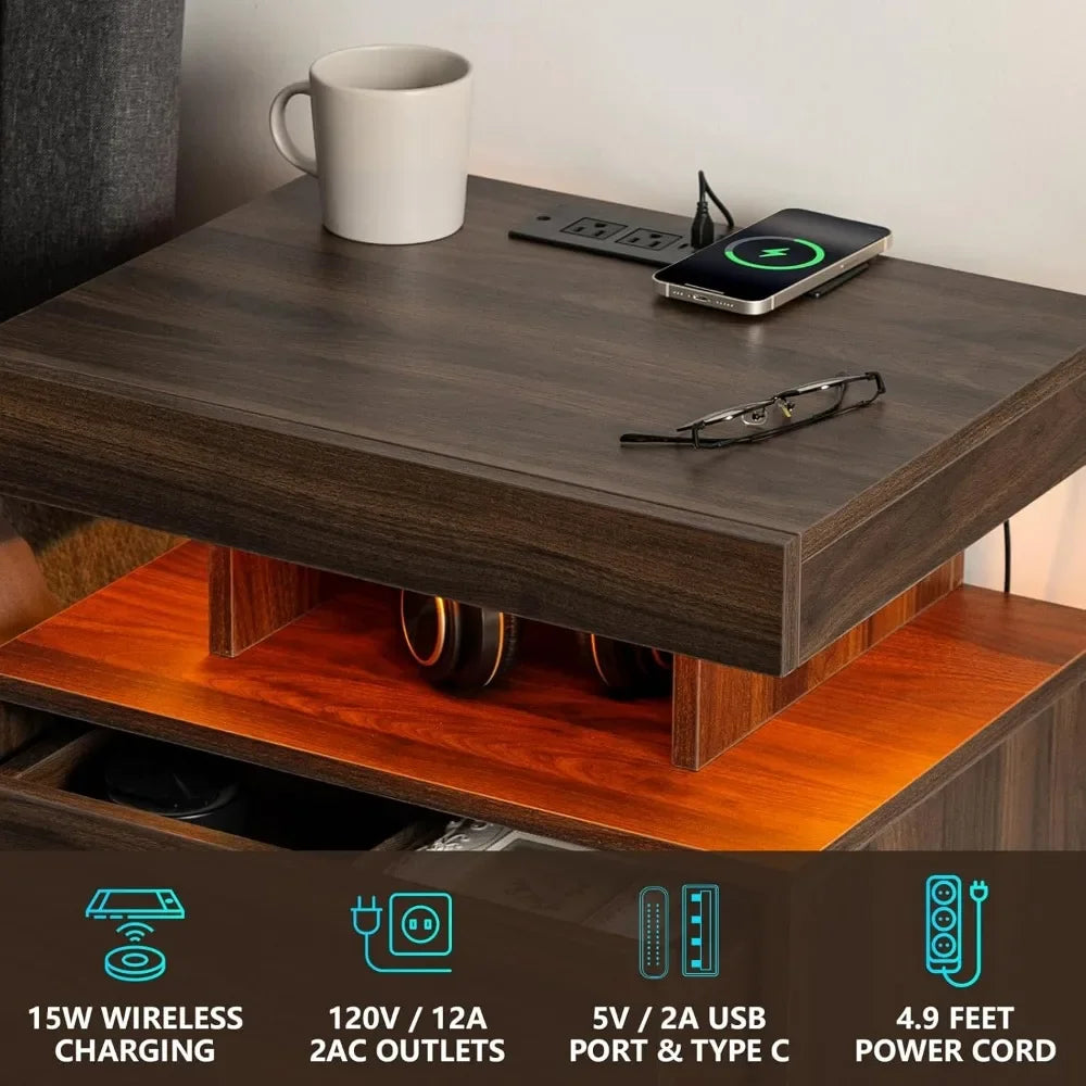 Set of 2 LED Nightstand with Wireless Charging Station, Smart Nightstand USB Port Night Table with 2 Drawers for Bedroom