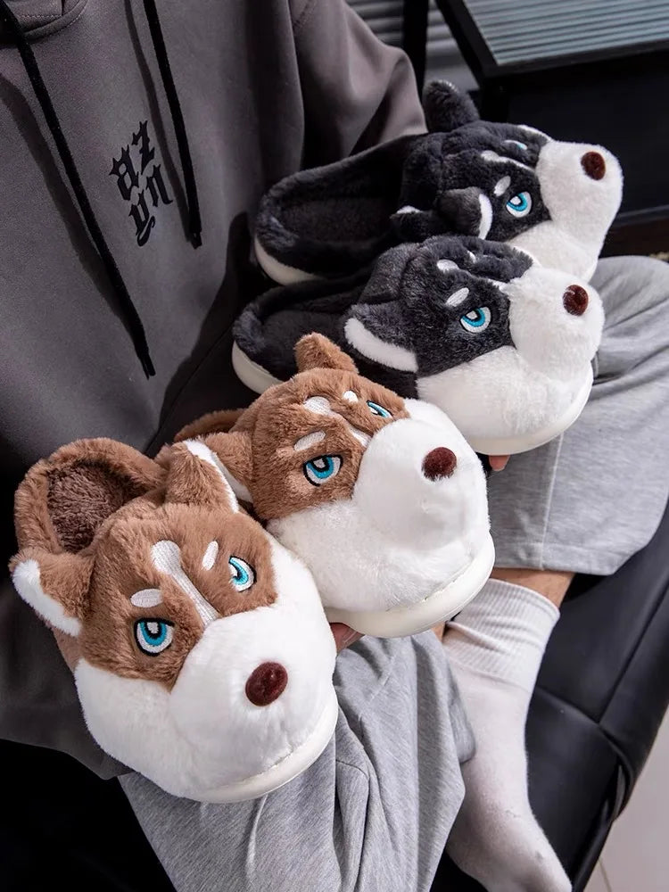 Women Indoor Cotton Slippers Cute Cartoon Dog Winter Warm Shoes Couples Home Floor Slides Anti-slip  Female Male House Footwear