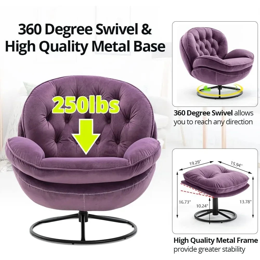 Velvet Swivel Accent Chair with Ottoman Set,  Comfortable Single Leisure Sofa Chair with 360 Degree Swiveling,Living Room Chairs