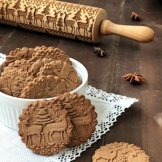 New Year Promotion Wooden Rolling Pin Christmas Printing Carving Rolling Pin Embossed Cookies Axis Mold Baking Pastry DIY