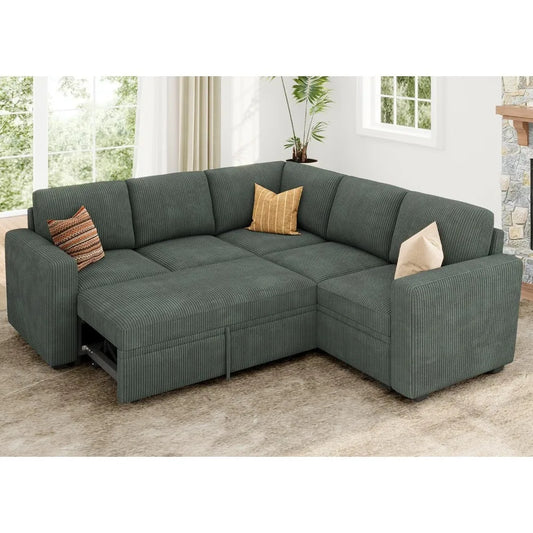 Sleeper Sofa with Pull Out Bed, Corduroy L Shaped Couch with Storage Seats, Convertible Sectional Couches for Living Room, Green