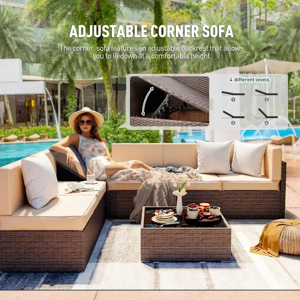 Wicker Patio Sectional Sofa, Rattan Conversation Set with Coffee Table and Washable Cushions, Outdoor Furniture Sets