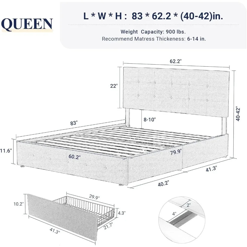 Upholstered Queen Size Platform Bed Frame with 4 Storage Drawers and Headboard,Square Stitched Button Tufted,Mattress Foundation